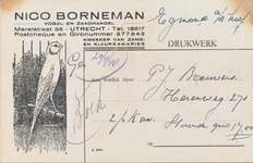 710734 Voorzijde van een postkaart van Nico Borneman, Vogel- en Zaadhandel, Merelstraat 35 te Utrecht. Met een litho ...